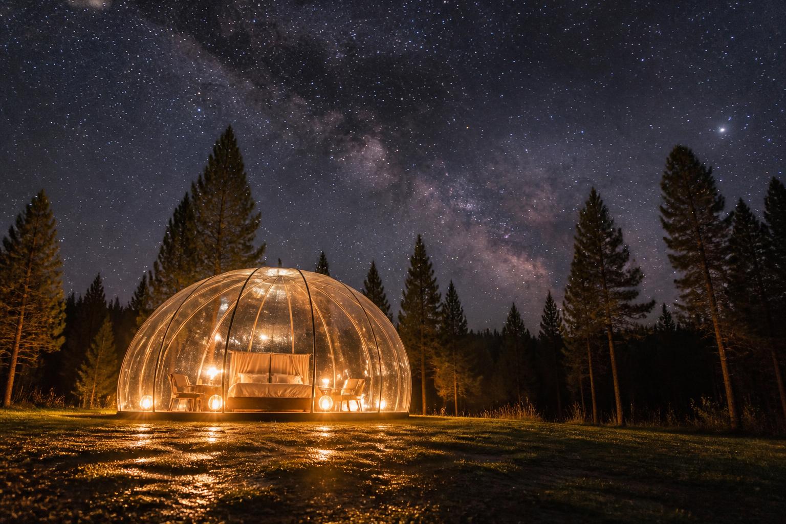 Tente bulle transparente illuminée sous un ciel étoilé en forêt