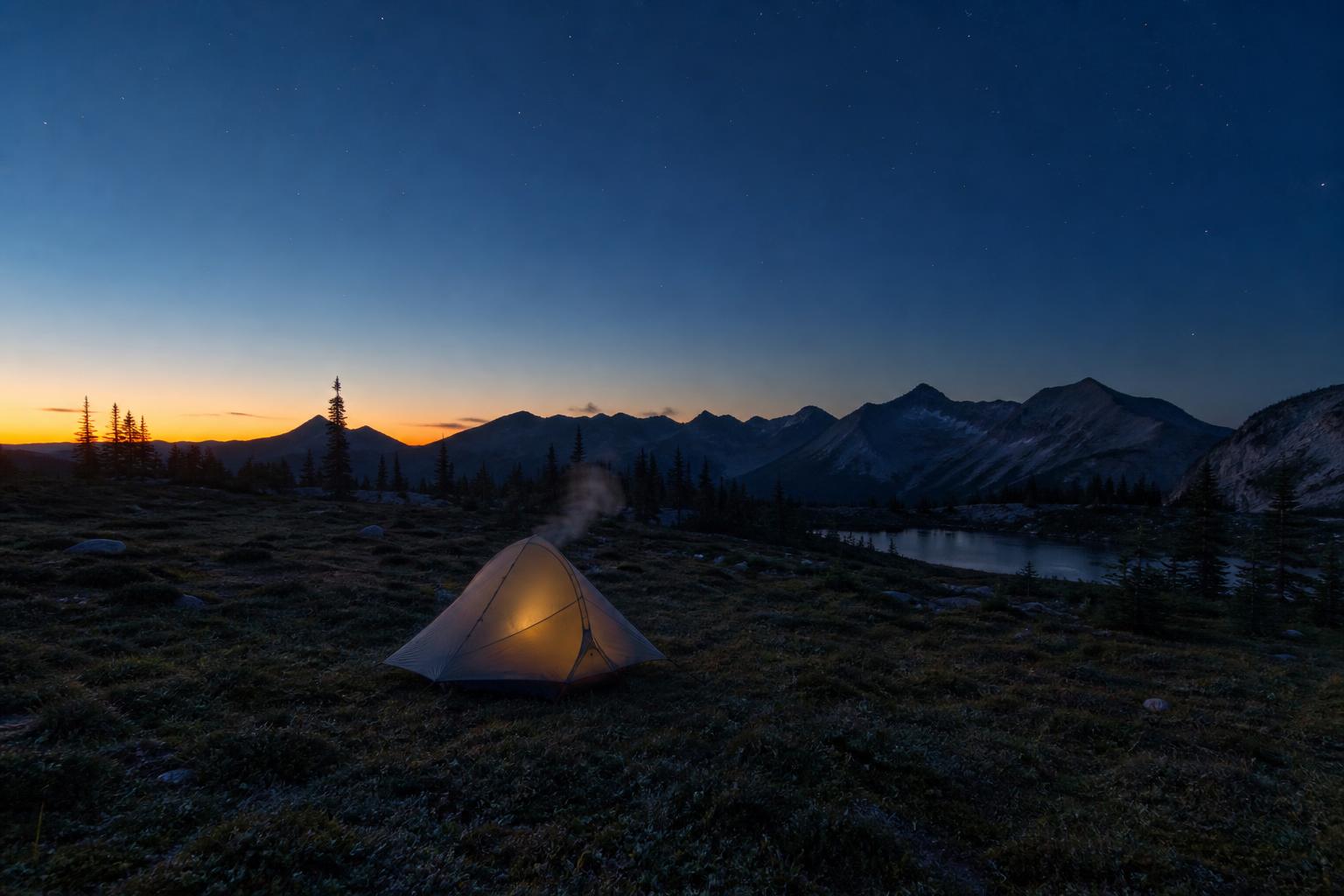 Tente de camping allumée la nuit prairie montagne ciel étoilé bivouac