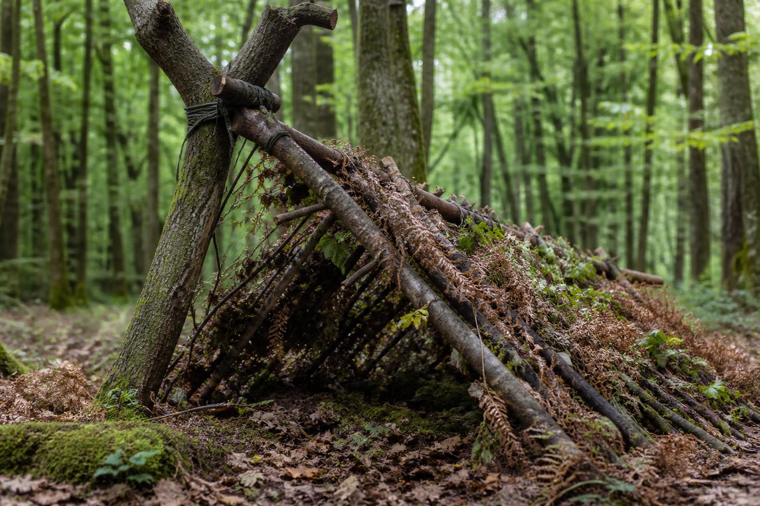 Abri lean-to bushcraft construit avec branches et paracorde en forêt