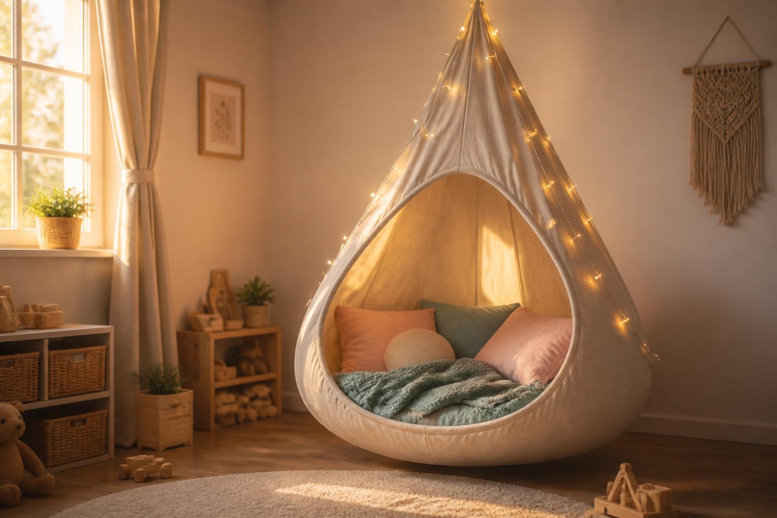 Cacoon intérieur chambre enfant avec coussins et lumière chaleureuse