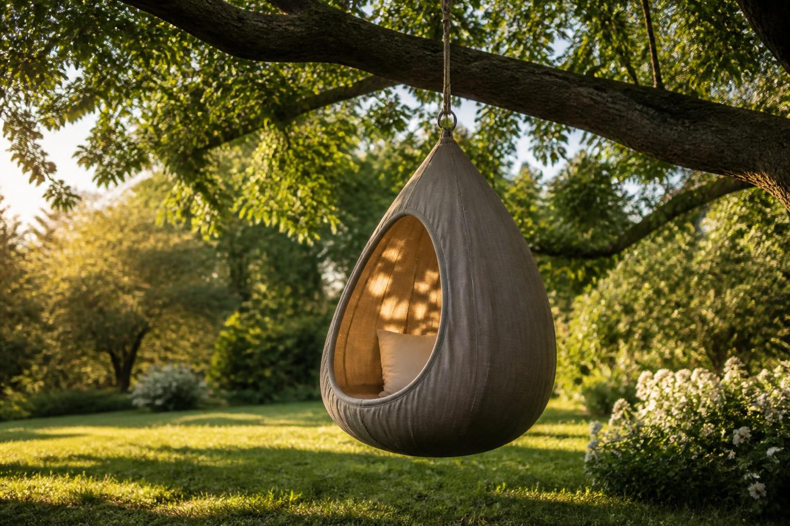Cacoon suspendu dans un jardin ensoleillé sous un arbre en été