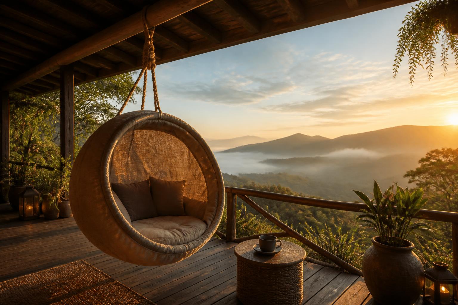 Cacoon suspendu terrasse glamping avec vue montagne au coucher de soleil