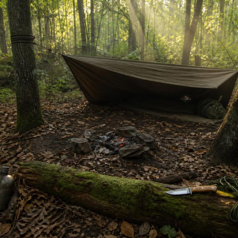 Campement bushcraft minimaliste en sous-bois avec tarp et couteau