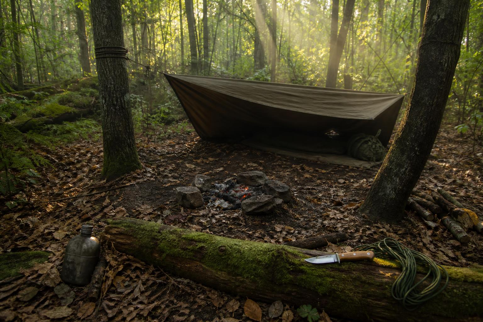 Campement bushcraft minimaliste en sous-bois avec tarp et couteau