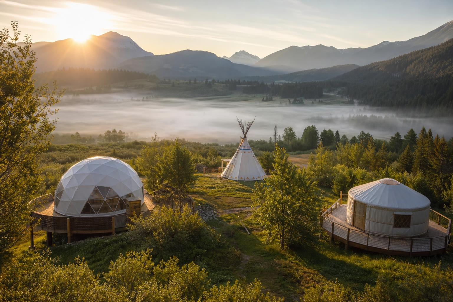 Camping insolite vue large dôme géodésique tipi yourte en prairie