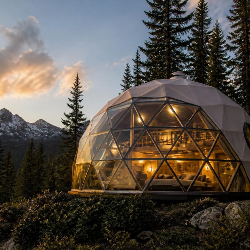 Dôme géodésique lumineux au coucher de soleil en forêt de montagne