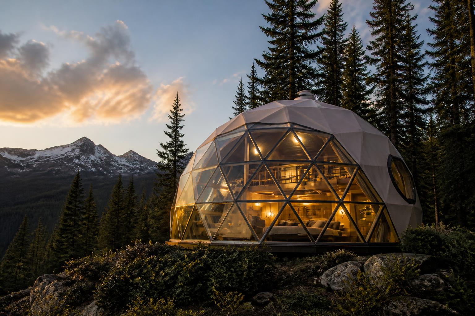 Dôme géodésique lumineux au coucher de soleil en forêt de montagne