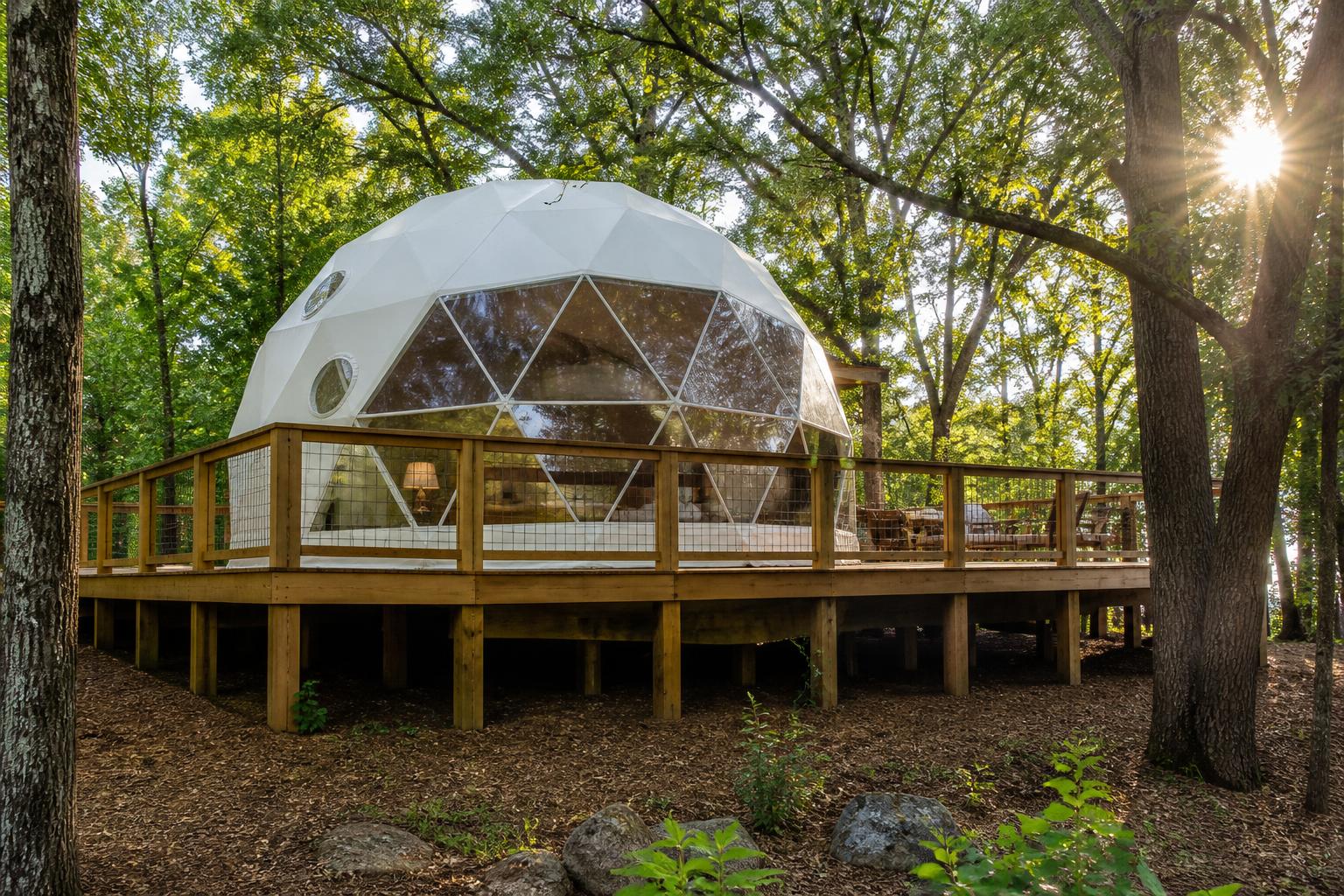 Dôme géodésique professionnel sur plancher bois surélevé camping glamping forêt