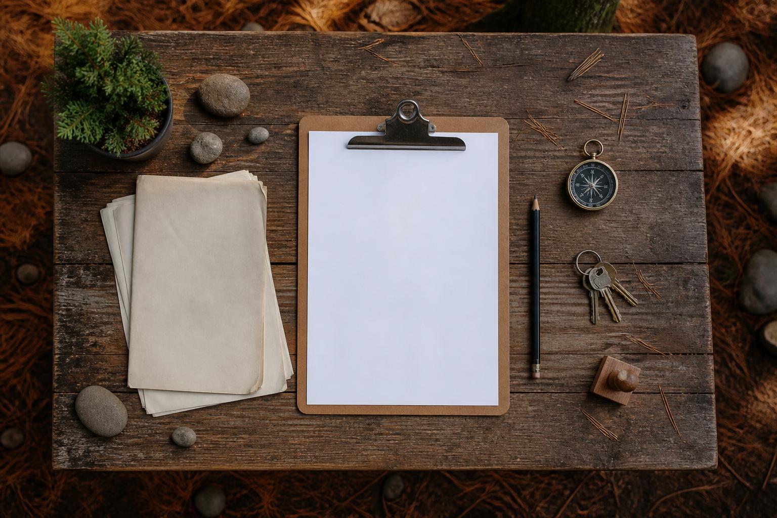 Flatlay documents administratifs camping nature démarches glamping
