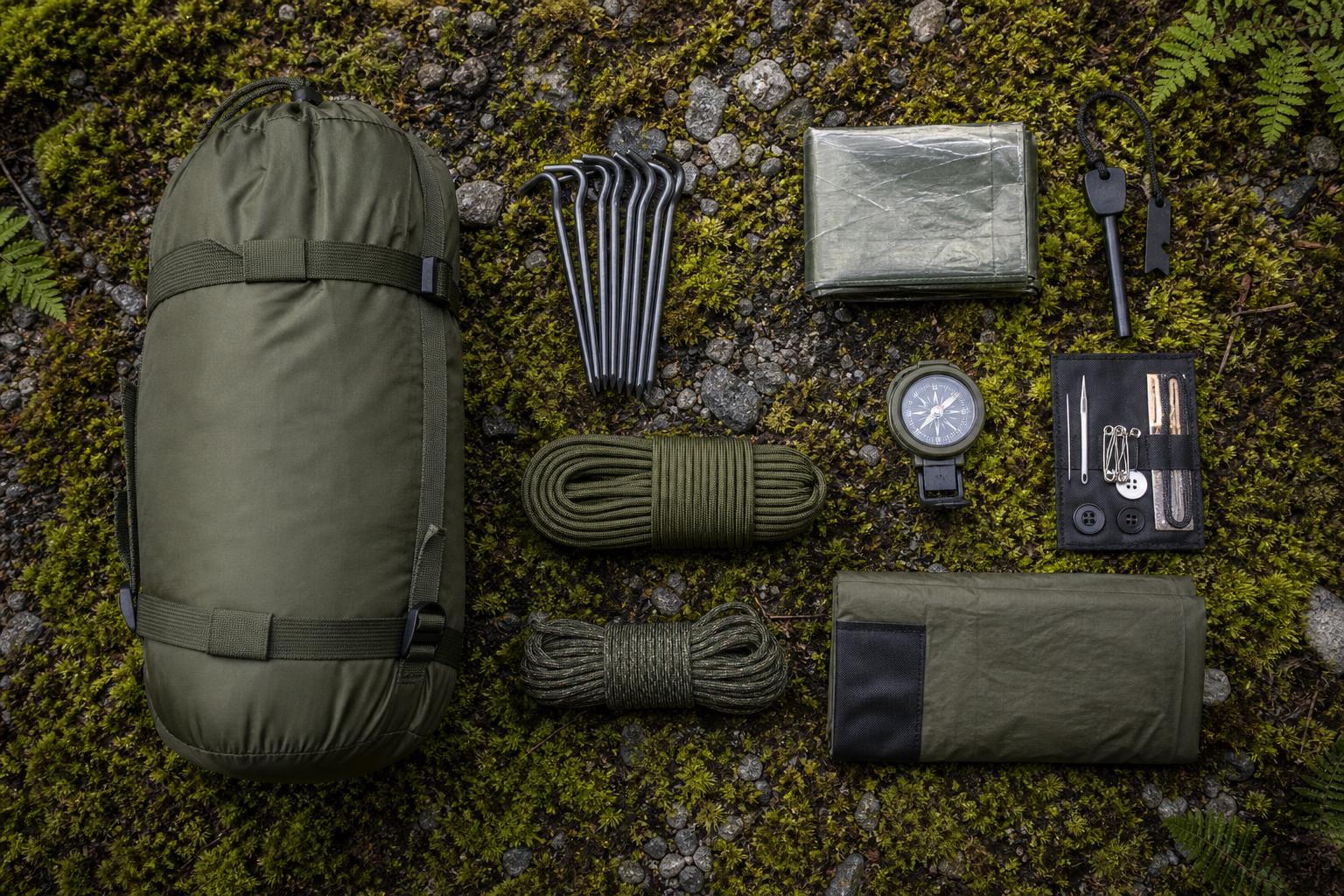 Flatlay tente militaire repliée avec kit survie sardines et paracorde sur mousse