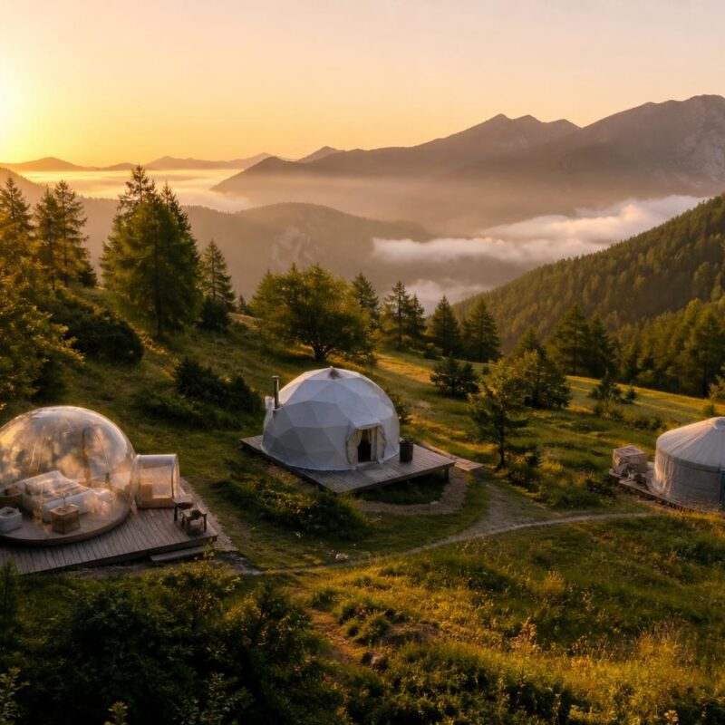 Site glamping avec tente bulle dôme et yourte au lever du soleil