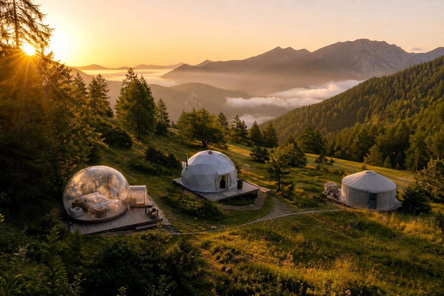 Site glamping avec tente bulle dôme et yourte au lever du soleil