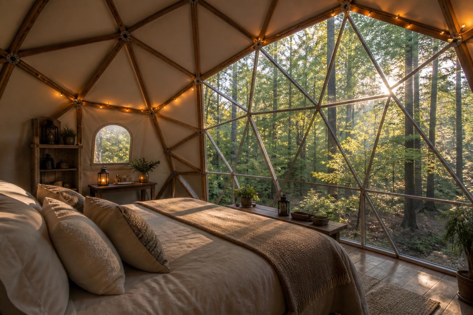 Intérieur cosy dôme géodésique glamping avec vue sur forêt