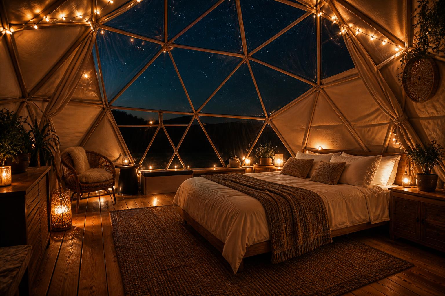 Intérieur dôme géodésique aménagé glamping luxe lit sous ciel étoilé
