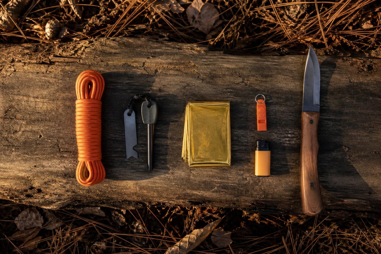 Kit bushcraft débutant flatlay paracorde couverture survie couteau forêt