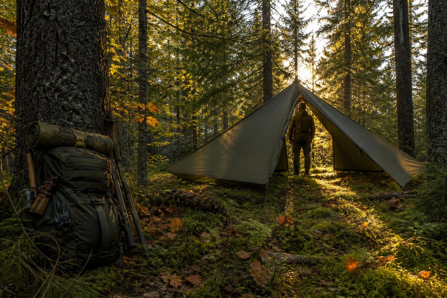 Installation solo d'une tente militaire en sous-bois avec équipement bushcraft
