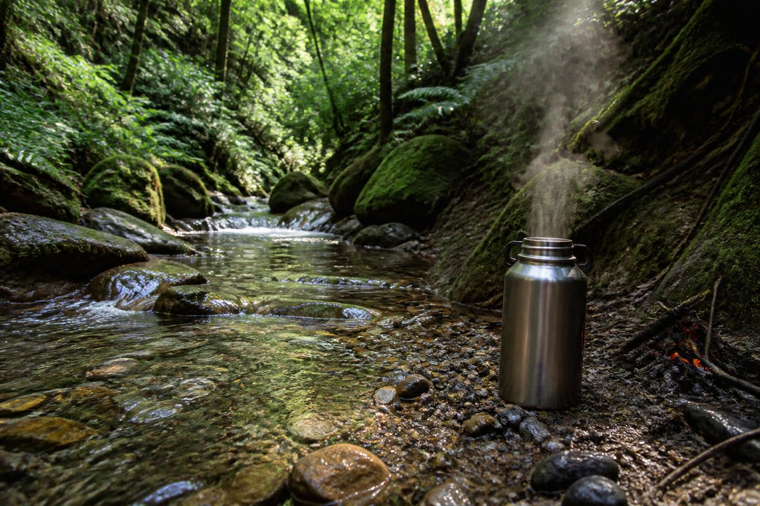 Gourde métal et ruisseau de forêt pour purification eau bushcraft