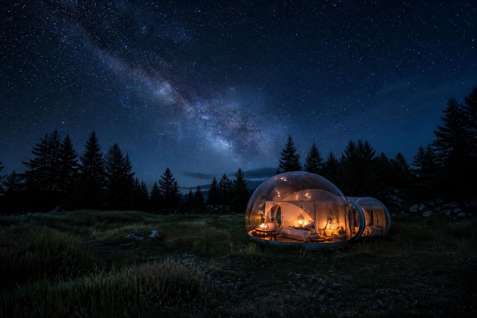Tente bulle transparente glamping sous ciel étoilé nuit