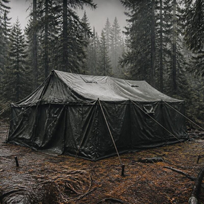 Tente militaire dressée en forêt dense sous la pluie en conditions extrêmes