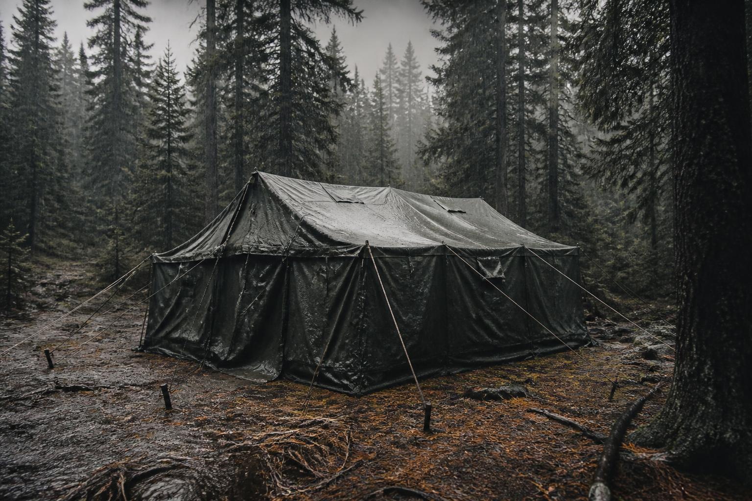 Tente militaire dressée en forêt dense sous la pluie en conditions extrêmes